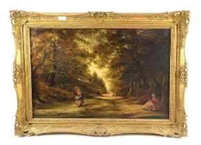 English School (19th century), Figures in a wooded country lane, oil on canvas, 49 x 74cm. Framed