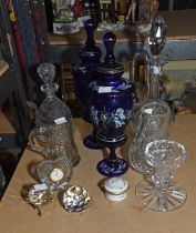 Mixed quantity of glass, to comprise pair of blue glass urns and covers, decorated with cherubs,