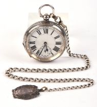 Edwardian Gents silver pocket watch on a graduated silver watch chain.