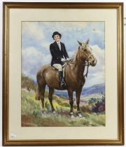 W. J. Rowden (20th century), Portrait of a lady on horseback, watercolour, signed lower right,
