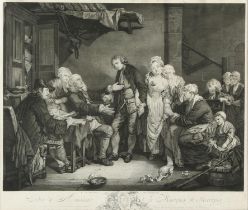 After Jean Baptiste Greuze, L'Accordee de Village, engraving by Flipart, 1770, 55 x 65cm.