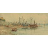 R. Allan (19th/20th century), Moored vessels on the shore, watercolour, signed lower left,