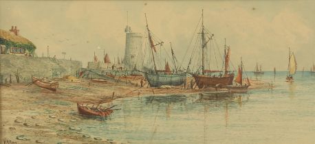 R. Allan (19th/20th century), Moored vessels on the shore, watercolour, signed lower left,