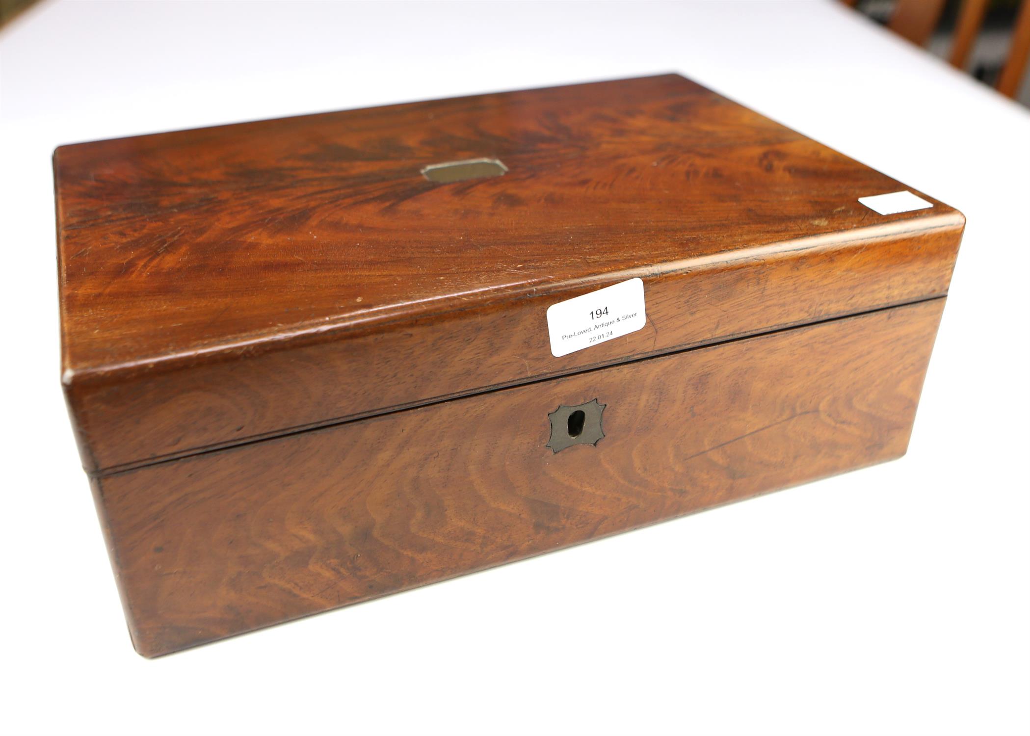 Victorian mahogany lap desk, with two glass bottles with plated lids, 35cm wide - Image 2 of 2