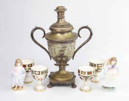 Silver plated presentation tea urn, four Royal Crown Derby goblets and two Coalport figurines,