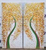 K** (contemporary), Abstract trees, a pair, oleograph prints on canvas, each 210 x 96cm.(2) Unframed