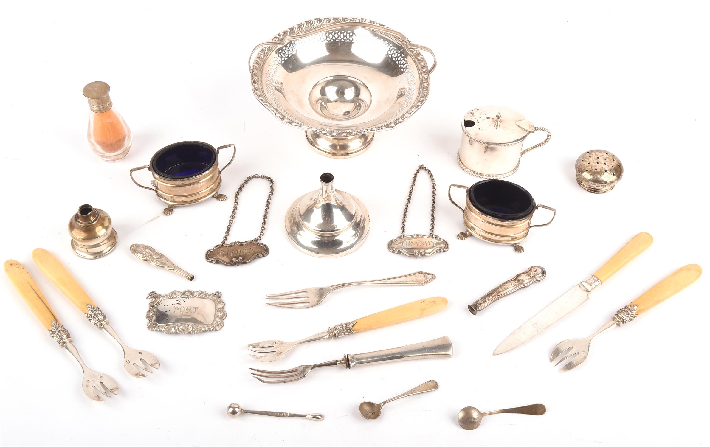 Small silver items to include swing handled bon bon dish with weighted base, marked sterling,