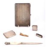 Cigarette case, paper knife, two vesta cases, pen knife, mouth organ (6)