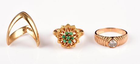 Three gold rings, including a cz heart ring in 9 ct, size M a green paste ring in 18 ct, size K,