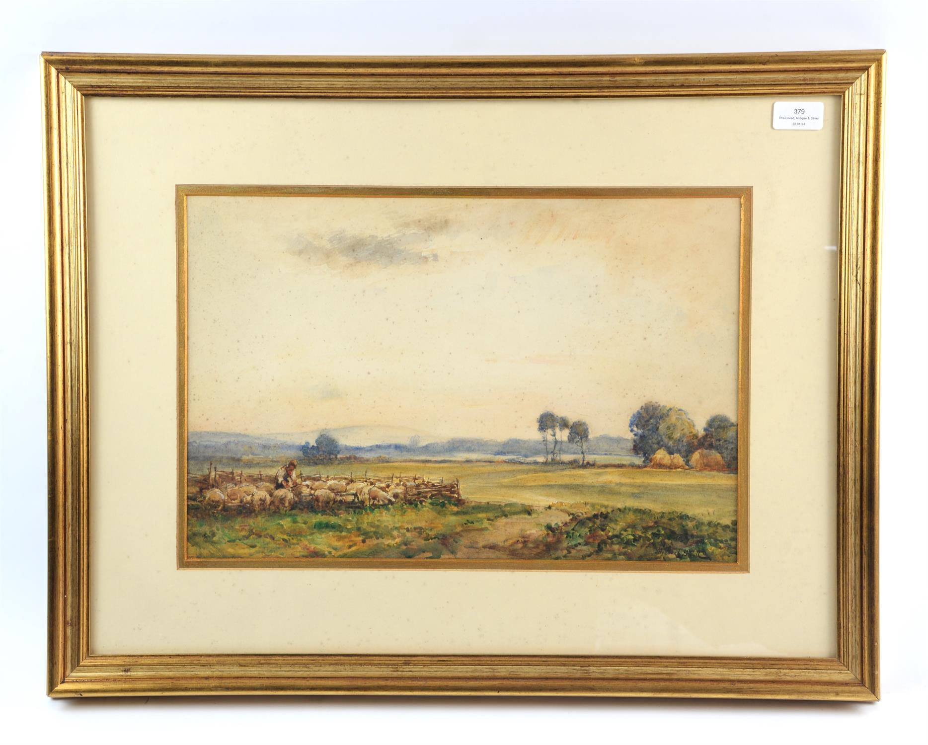 James Herbert Snell (1861-1935), Landscape with sheep in a pan, watercolour, signed lower right,