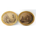 Two Victorian engravings, oval, of romantic 19th century courting scenes, within giltwood and gesso