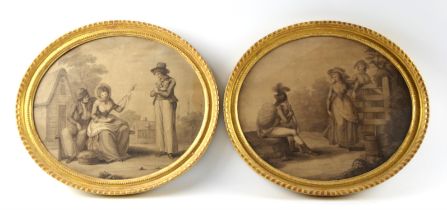 Two Victorian engravings, oval, of romantic 19th century courting scenes, within giltwood and gesso