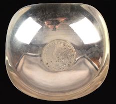 Cased Indian silver coin set dish.