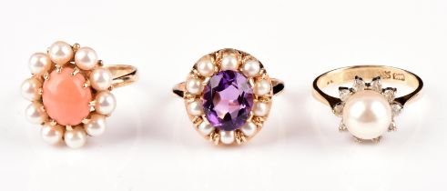 Three gem set rings, including a amethyst and pearl cluster ring in 9 ct, size L½,