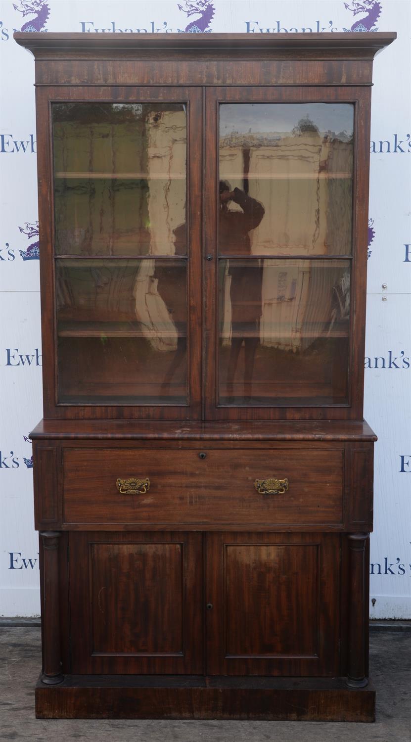 Bureau bookcase, 19th century, with glazed upper section, enclosing shelves, secretaire drawer with