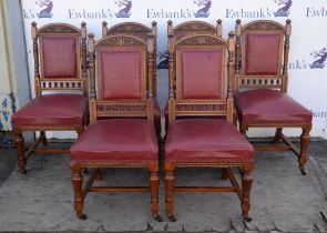 A set of six late Victorian oak side chairs, with red leatherette upholstered seats and backs, (6)