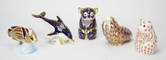 A group of five Royal Crown Derby porcelain boxed figures, to include a hamster, silver stopper,