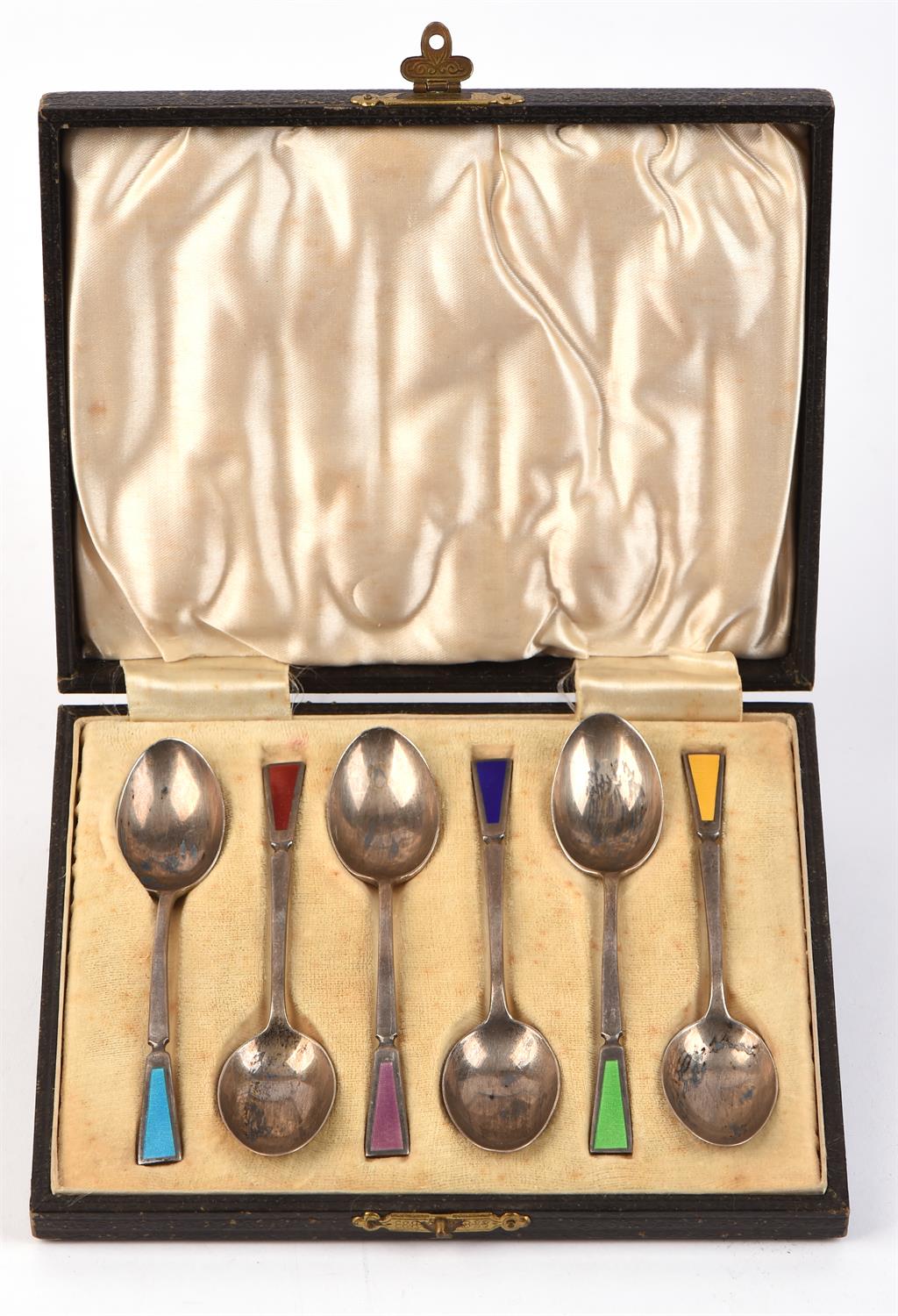 Cased set of six enamel and silver Art Deco spoons. Birmingham, 1935. - Image 2 of 2