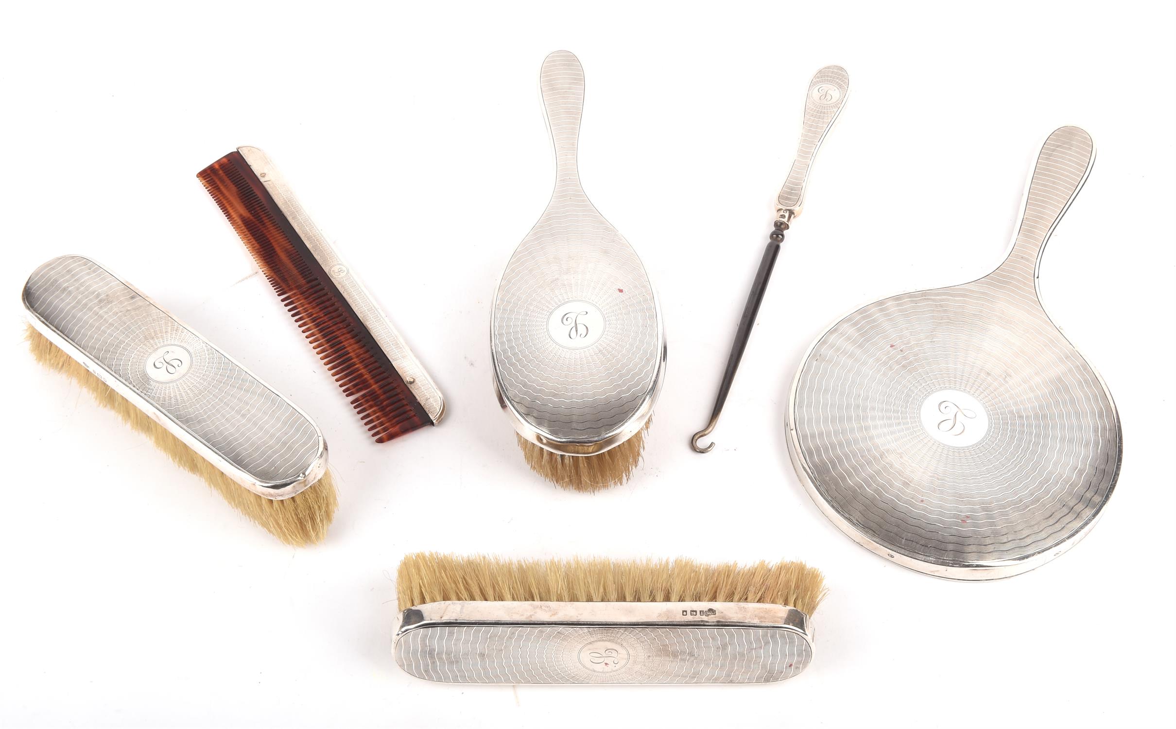 Silver backed dressing table set, comprising two clothes brushes, hair brush, comb and hand mirror, - Image 3 of 3