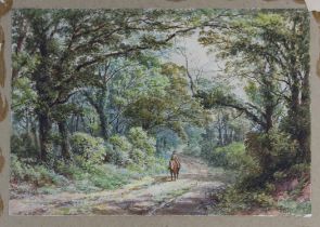 English School) 19th Century, A man riding through a wooded landscape, watercolour laid to board,