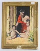 South African School (20th century).,Portrait of an African woman and her children, oil on board,