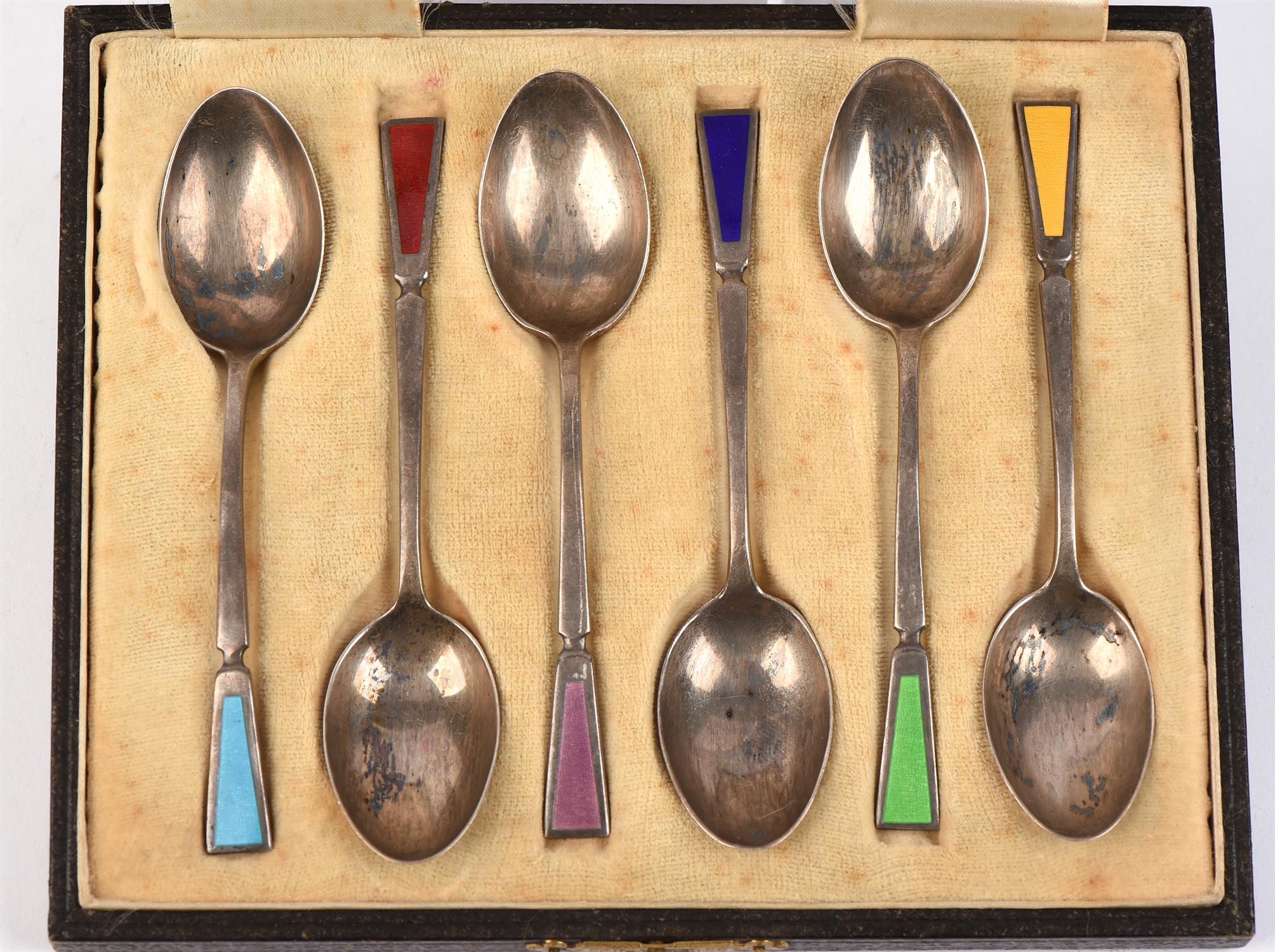 Cased set of six enamel and silver Art Deco spoons. Birmingham, 1935.