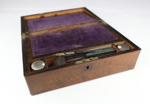 Victorian mahogany lap desk, with two glass bottles with plated lids, 35cm wide