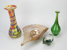 A group of eight art glass pieces, 20th century, to include a Denby green glass bottle vase,