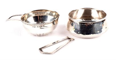Silver tea strainer and drip bowl, Birmingham 1939
