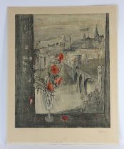 Jacques Bleny (1925-1960), View of a City through a window with a vase of poppies,