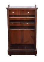 Late Victorian rosewood music cabinet, canted corners enclosing three shelves, the plinth base on