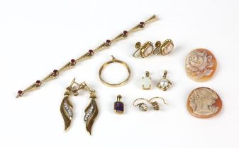 A mixed group of 9 ct items, including three pairs of earrings, one set with cameos,