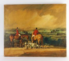 D** R** (20th century), Hunting scene, oil on canvas, signed with monogram, 50 x 60.cm. Unframed,