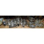 Collection of silver plate, to comprise two condiment stands, with glass bottles, a tazza,