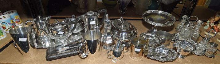 Collection of silver plate, to comprise two condiment stands, with glass bottles, a tazza,