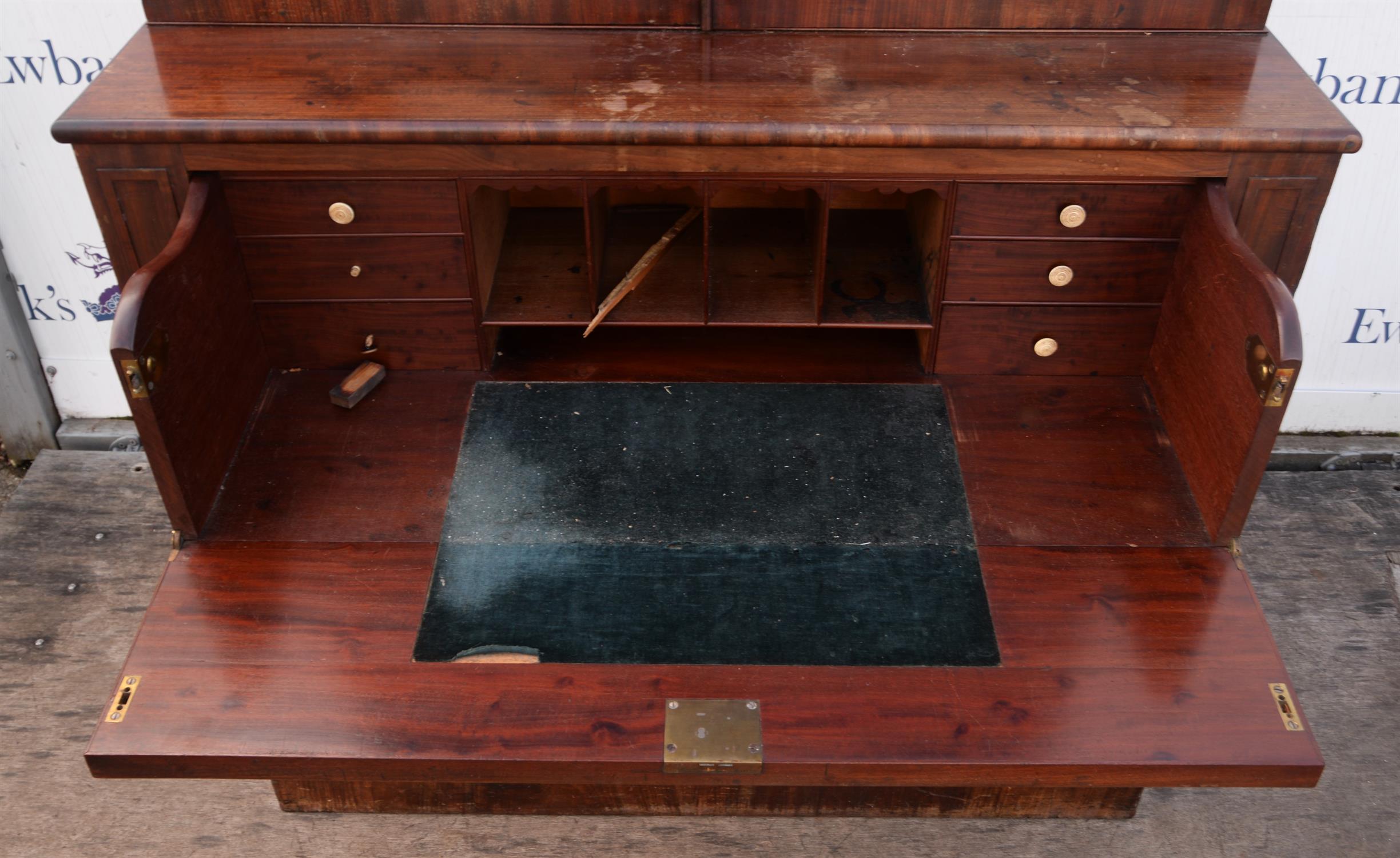 Bureau bookcase, 19th century, with glazed upper section, enclosing shelves, secretaire drawer with - Image 2 of 3