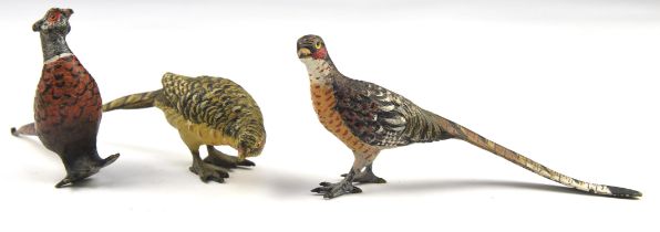 Three Austrian cold painted bronze birds, to comprise two male pheasants and one hen pheasant,