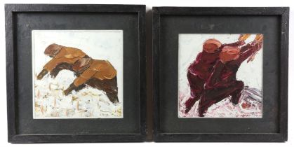 Continental School (20th century), Figures at work, a pair, oil on board, indistinctly signed,