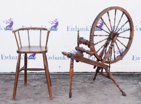 A Victorian fruitwood spinning wheel, together with a beechwood child's high chair, (2)