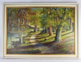 Continental School (20th century), A wooded path, oil on canvas, indistinctly signed lower right,