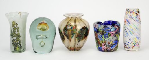 A group of small art glass vases, dishes and paperweights, to include a small baluster form vase,