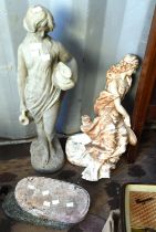 A concrete sculpture of a maiden with a jug, together with a plaster figure of a woman, damages,