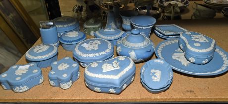 A group of Wedgwood trinket/small boxes, also to include a table cigarette lighter, a bell,