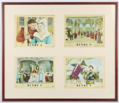 Henry V (1940's) Set of 8 Front of House cards, framed over two displays, each card 10 x 8 inches