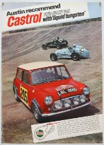 Austin Castrol Mini Motor Racing poster c’ 1967-68, the poster showing two vintage Austins racing