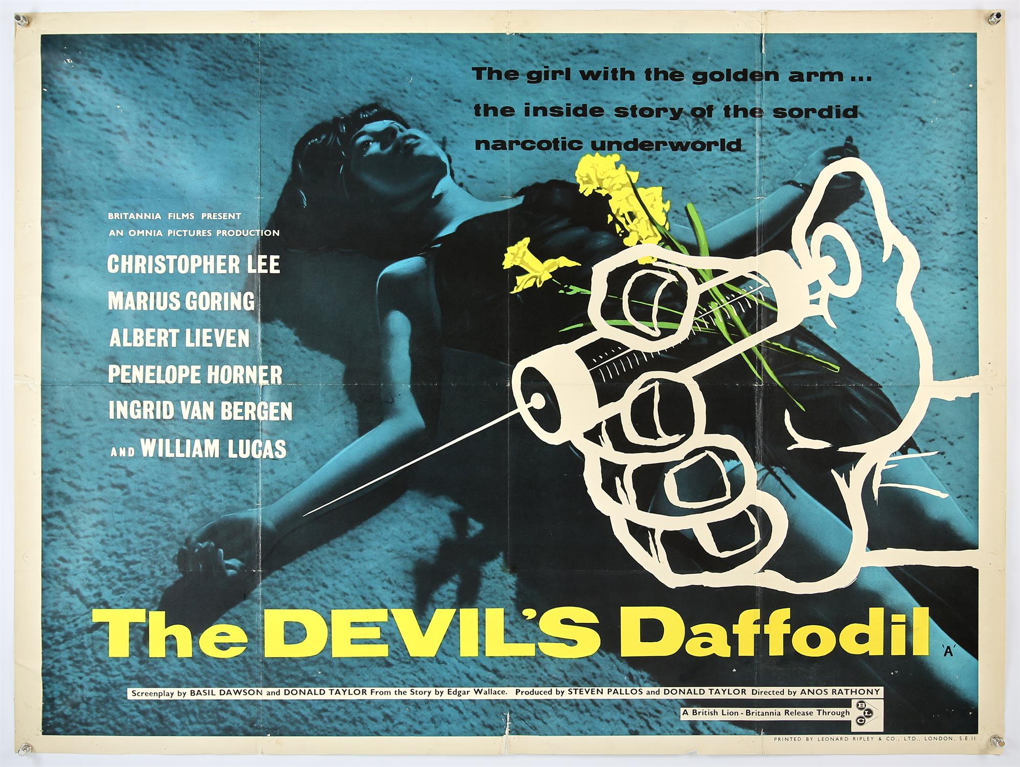 The Devils Daffodil (1961) British Quad film poster, for the Anglo-German crime drama with a drugs
