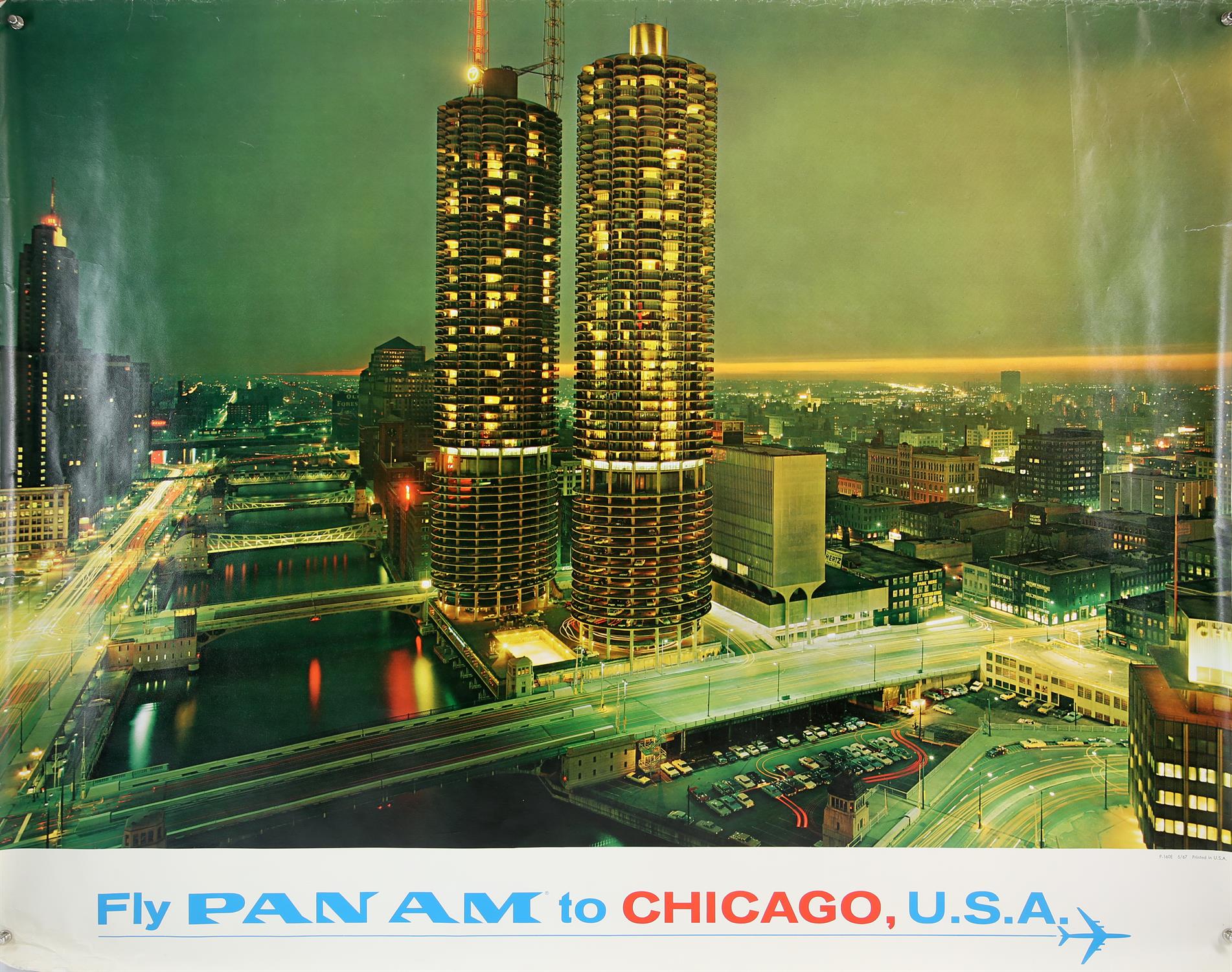 Fly Pan Am To Chicago Airline poster 1967, showing a panoramic city scene, rolled, 34.5 x 44 inches.