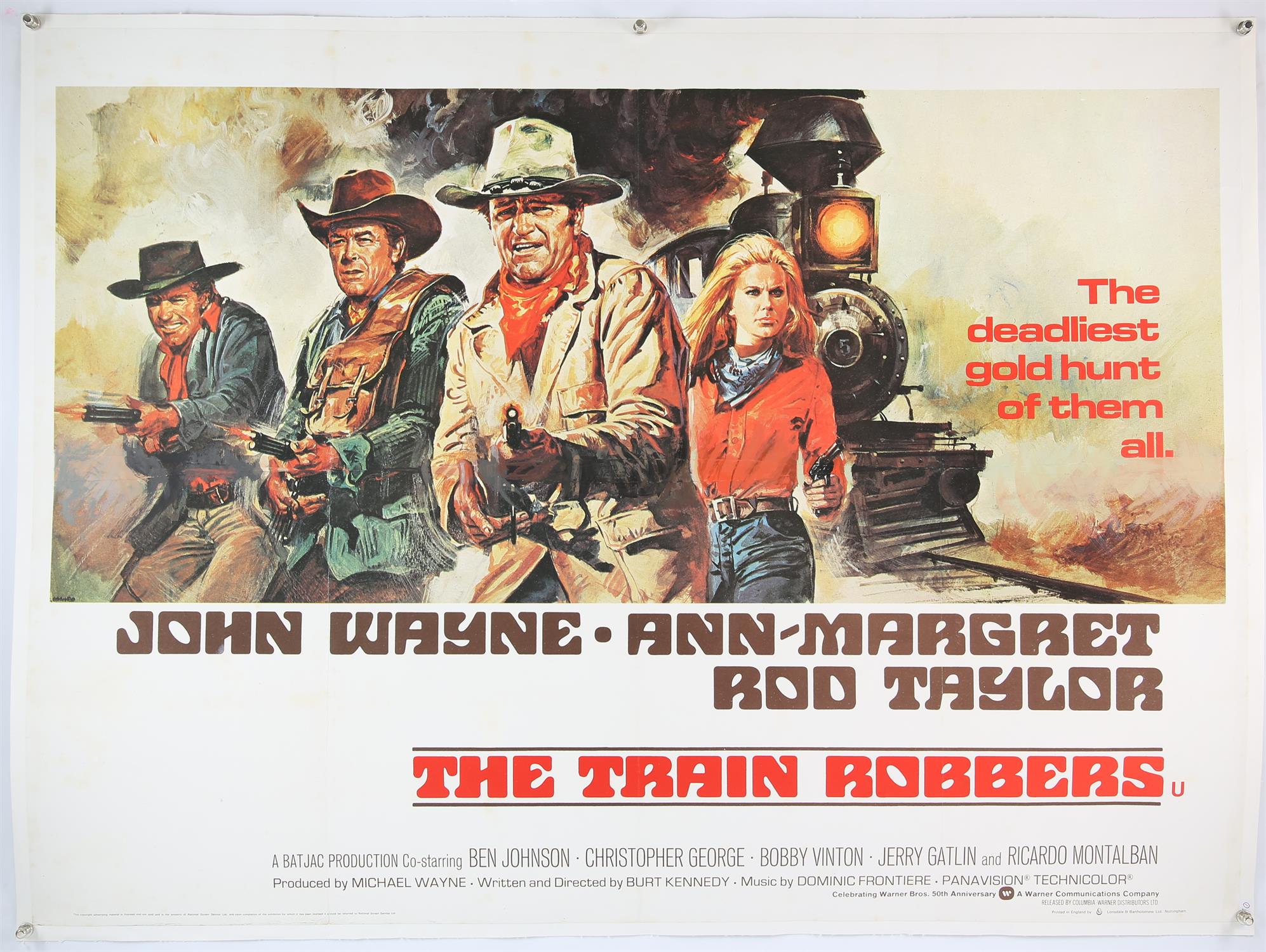 The Train Robbers (1973) UK Quad Poster, for the John Wayne western with poster art by Renato