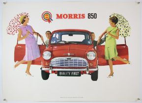 BMC Morris 850 Mini Car poster c 1960, this dealership promo showing the iconic red mini and the