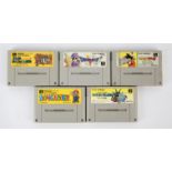 An assortment of 5 loose Super Famicom cartridges (JPN) Includes: Dragon Ball Z Super Saiya